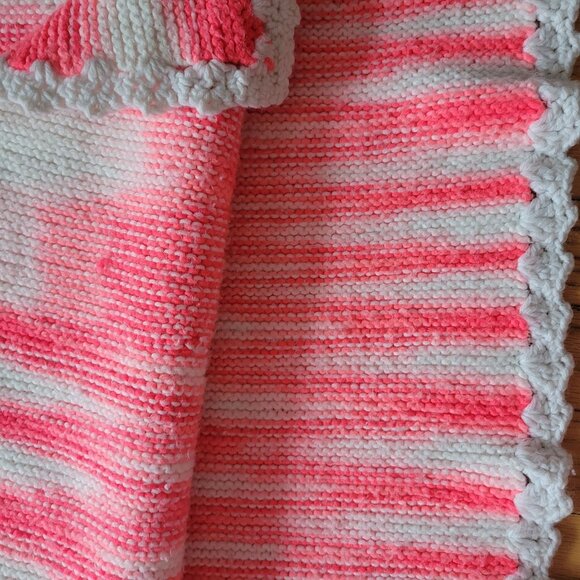 Handmade Hot Pink & White Knit Throw Blanket 60" X 38" - Picture 3 of 6